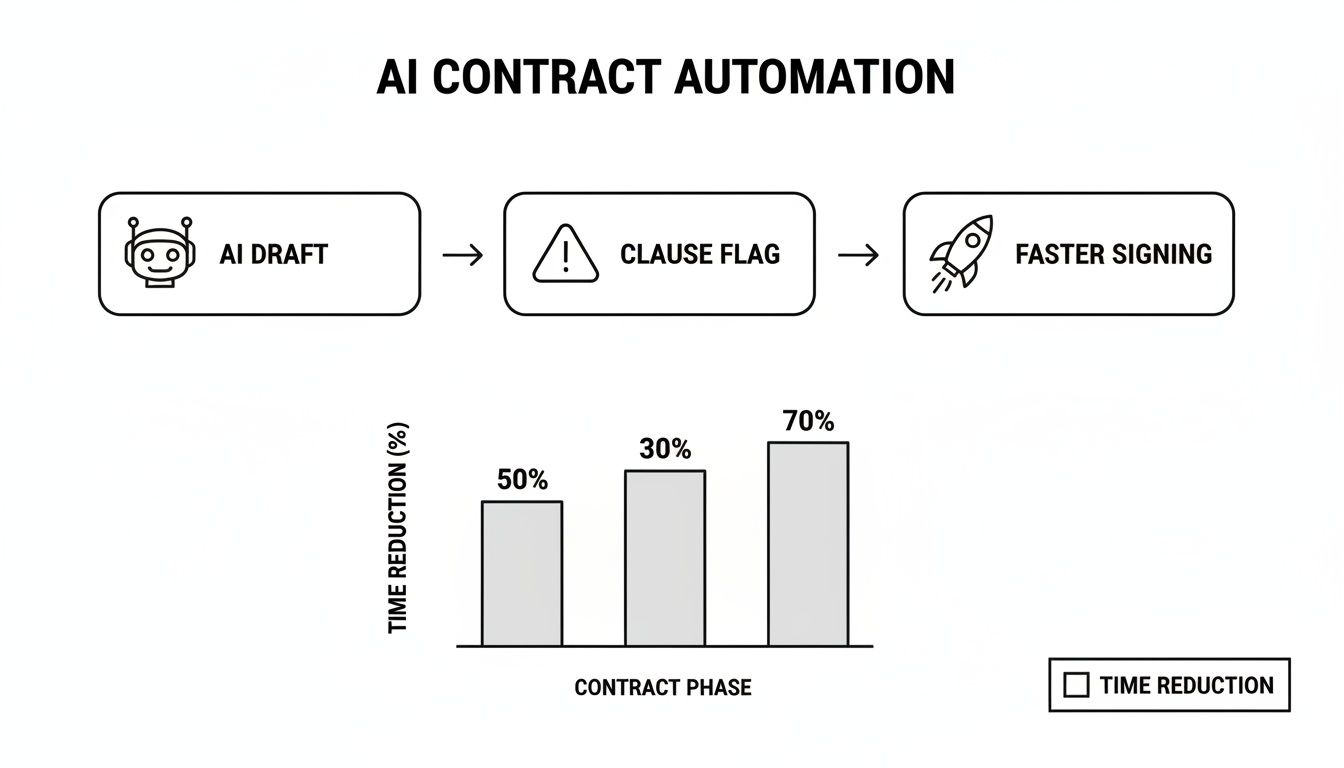 Flowchart showing AI contract automation from drafting to faster signing, with a bar chart illustrating time reduction percentages.