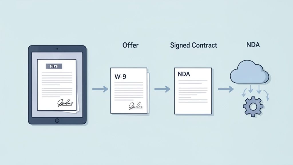 Digital workflow showing a tablet for signing PDF, then processing W-9 and NDA documents to the cloud.