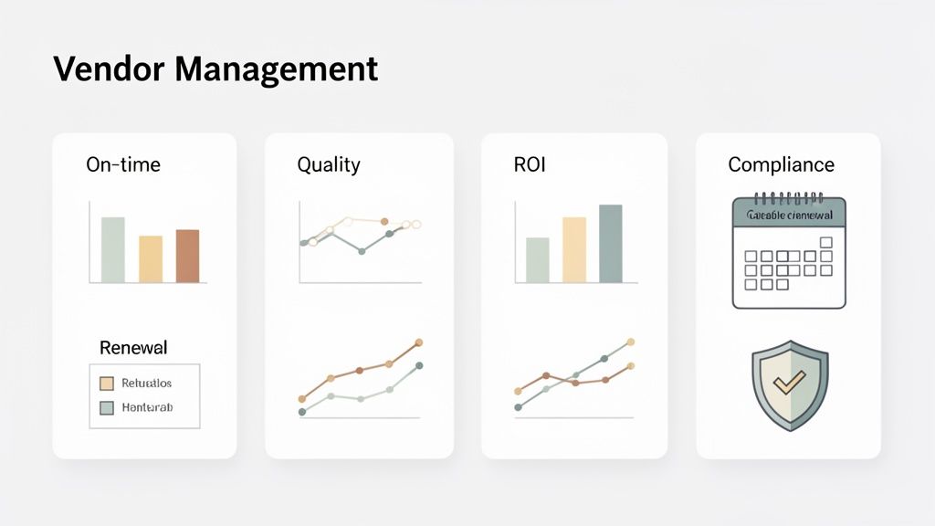 An infographic dashboard illustrating key vendor management metrics including on-time performance, quality, ROI, and compliance.