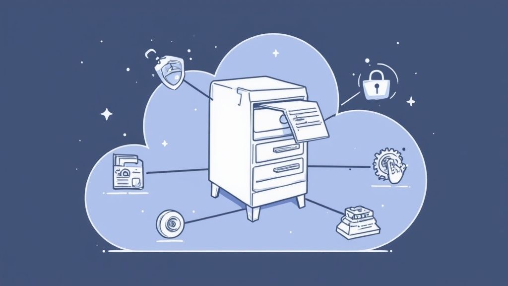 Illustration of a filing cabinet in a cloud, surrounded by icons representing secure document management and data processing.