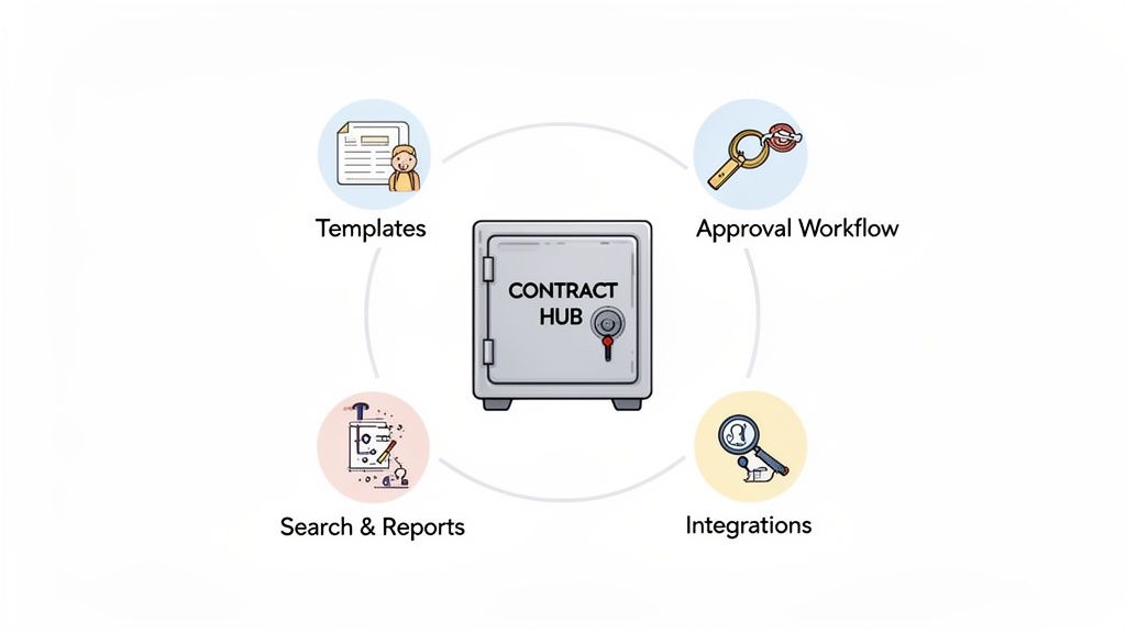 A visual representation of Contract Hub features including templates, approval workflow, integrations, and search reports.