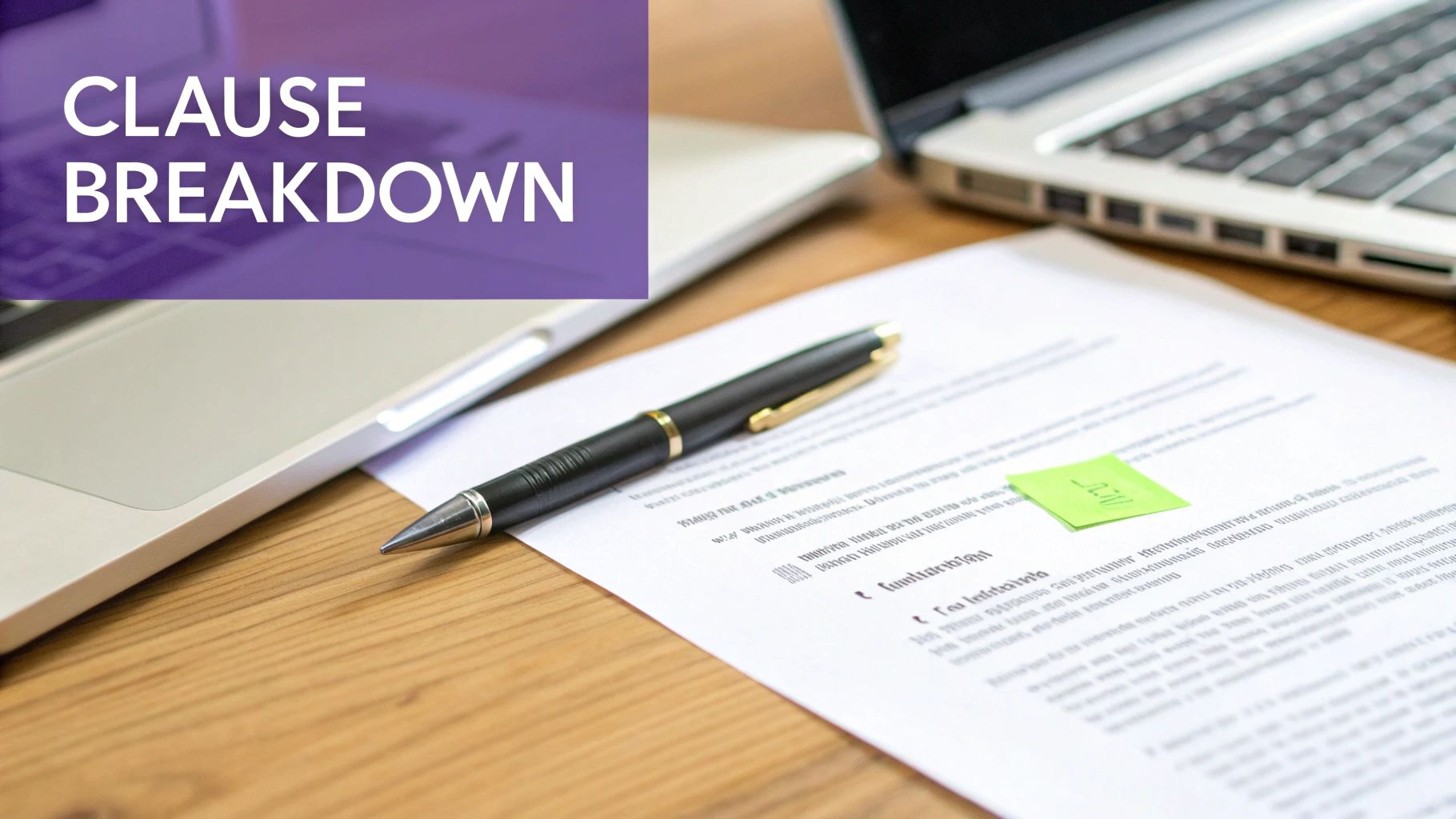 A desk with a laptop, pen, and document with a sticky note, featuring 'CLAUSE BREAKDOWN' text.