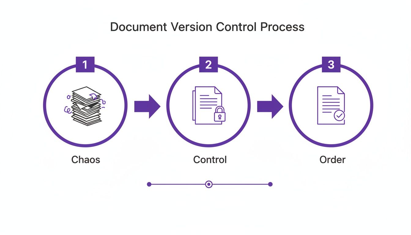 A three-step diagram illustrates the document version control process: from chaos to control, then order.