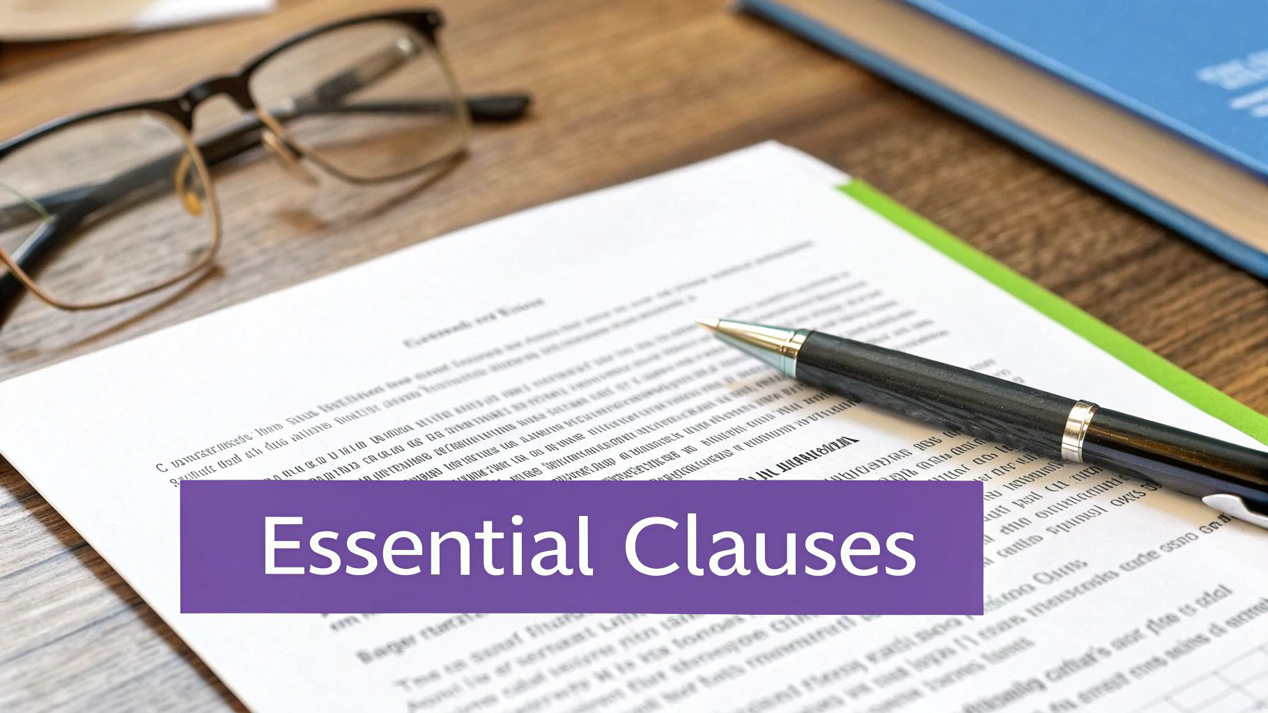 Close-up of a document titled 'Essential Clauses' with a pen and glasses on a wooden desk.