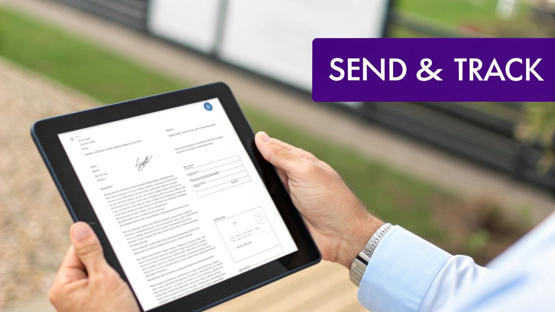 Person holding a tablet displaying a digital document with a signature and 'Send & Track' text.