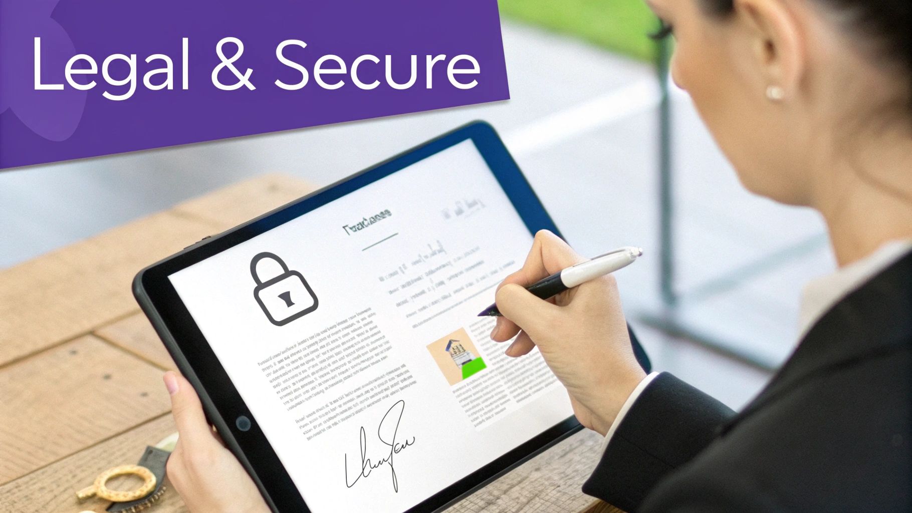 A person uses a stylus to digitally sign a secure document on a tablet, with "Legal & Secure" text.