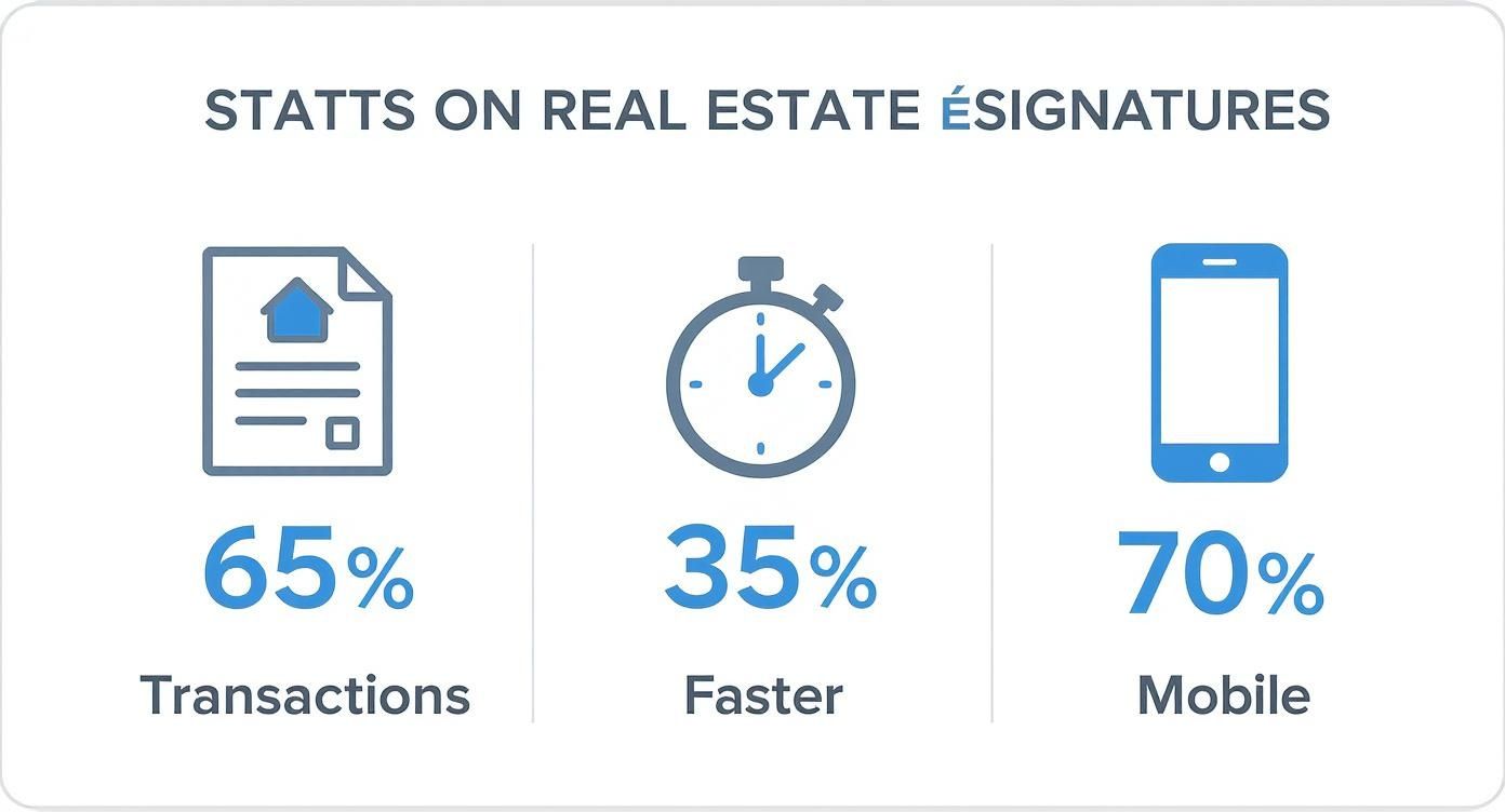 Real estate e-signature statistics: 65% transactions, 35% faster, 70% mobile usage for digital signing.