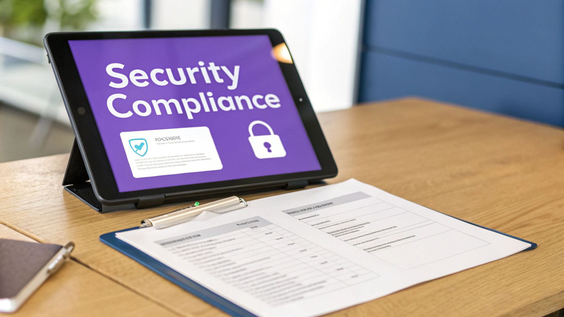 A tablet displaying "Security Compliance" with icons, next to a document and a pen on a wooden desk.