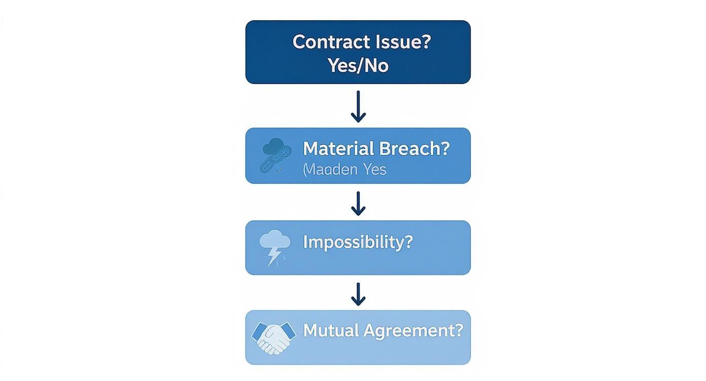 Flowchart showing contract cancellation steps from contract issue through material breach, impossibility, to mutual agreement