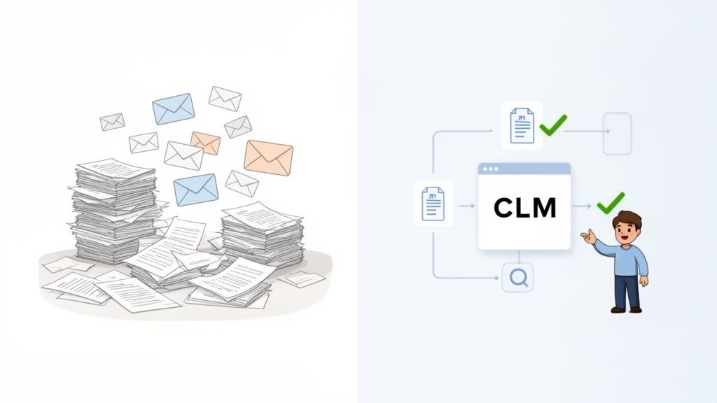 Comparison of chaotic manual document management with an efficient digital Contract Lifecycle Management (CLM) platform.