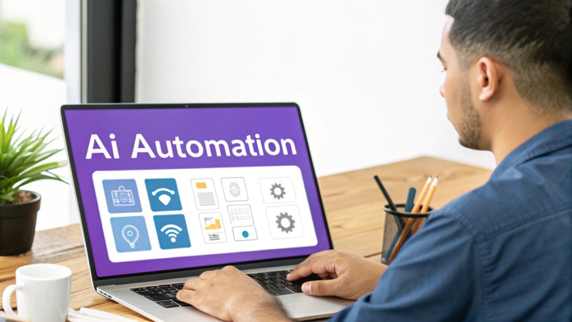A man focuses on a laptop screen displaying 'Ai Automation' text and technology icons.