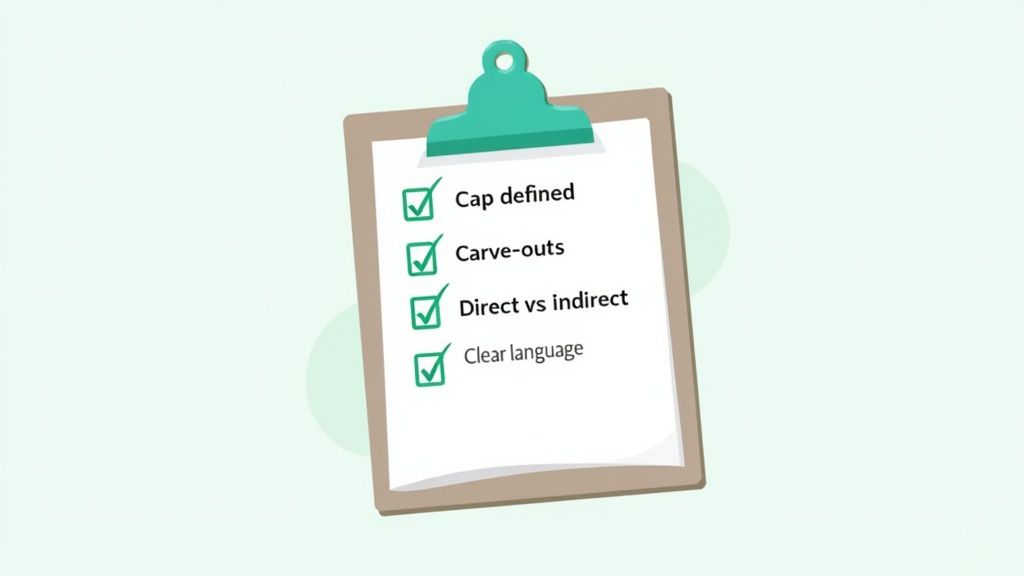 A clipboard with a checklist of legal considerations: 'Cap defined', 'Carve-outs', 'Direct vs indirect', 'Clear language'.