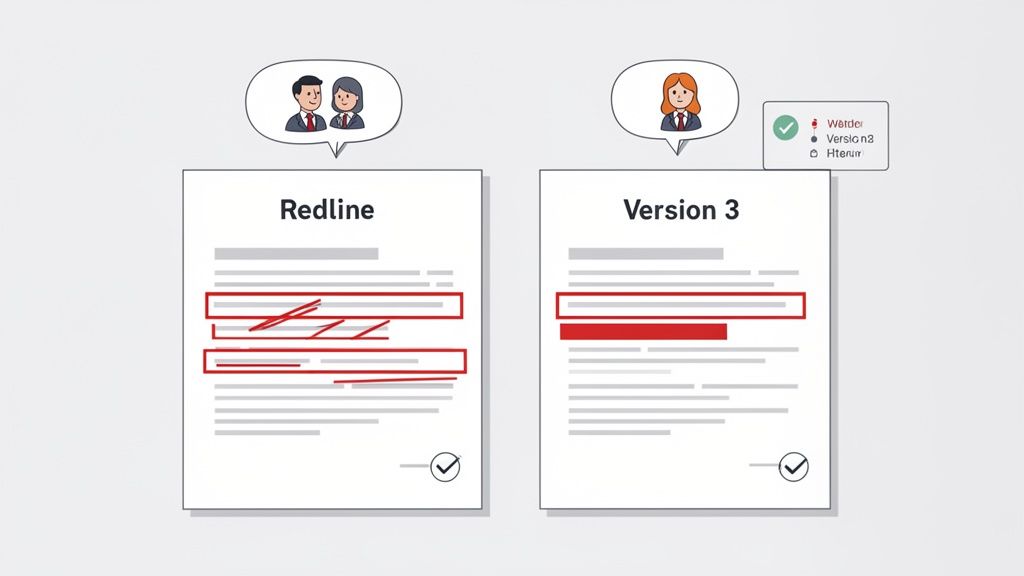 Illustration showing two document versions, 'Redline' and 'Version 3', with tracked changes and highlighted edits.