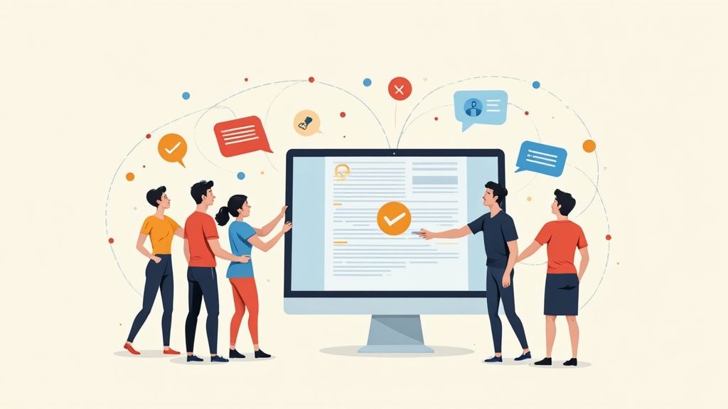 Team members collaborating around a central digital document, symbolizing unified contract management.