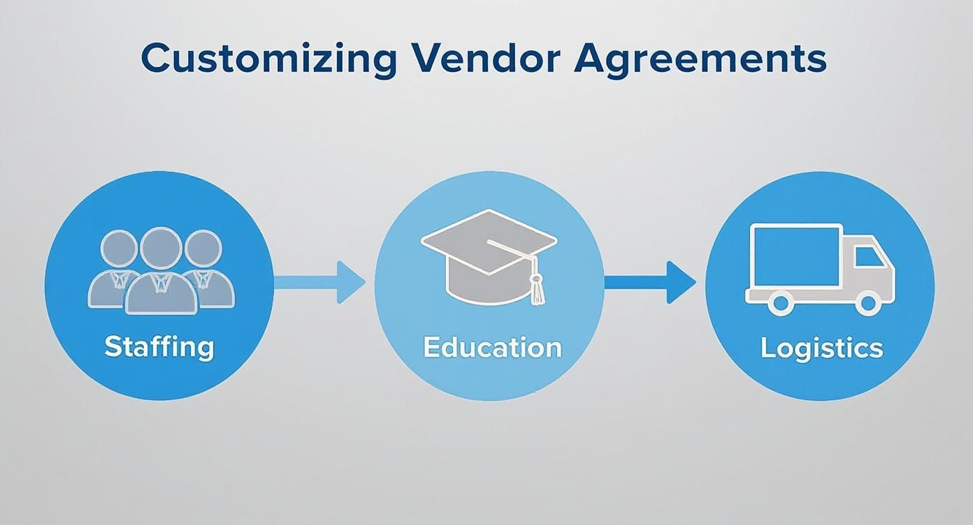 A flowchart showing three steps to customizing vendor agreements: Staffing, Education, and Logistics, with icons.