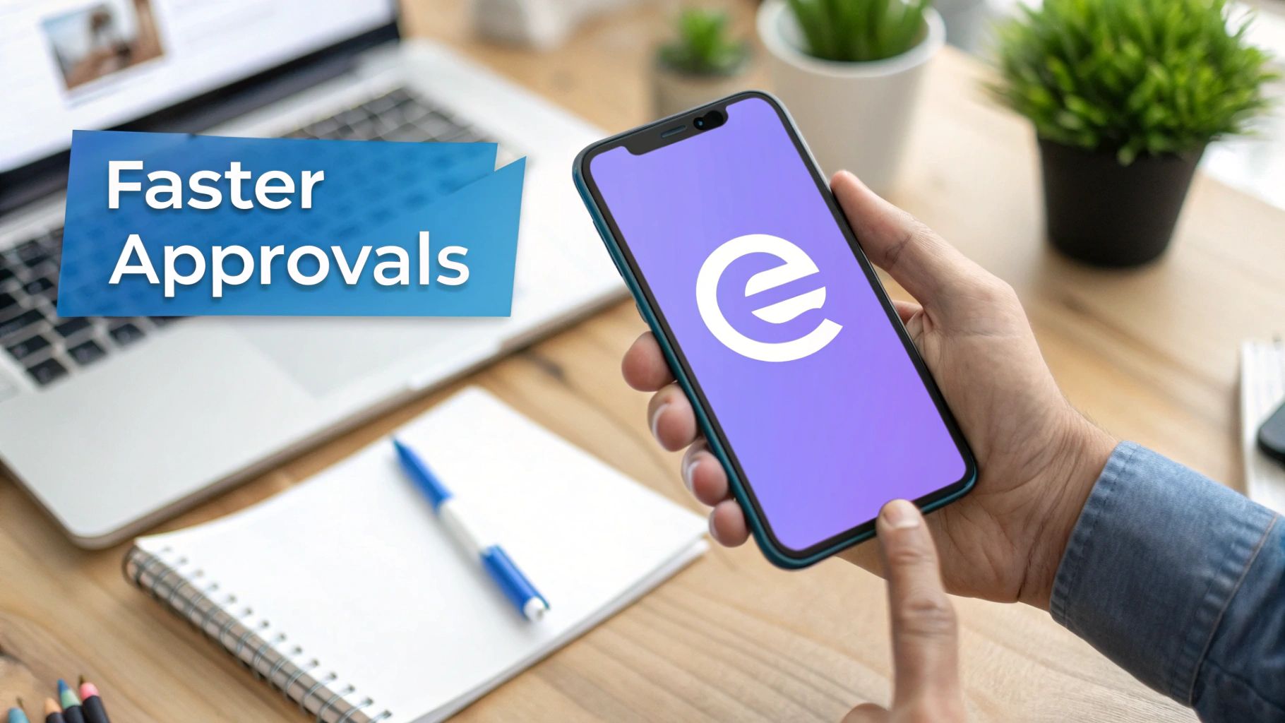 Person using a smartphone app with 'Faster Approvals' banner over a laptop in an office.
