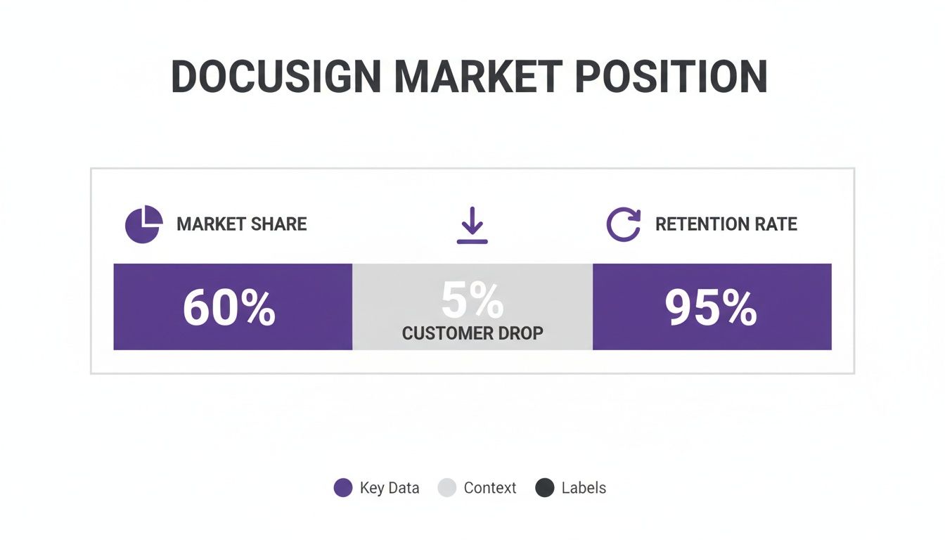 DocuSign's market position data showing 60% market share, 5% customer drop, and 95% retention rate.