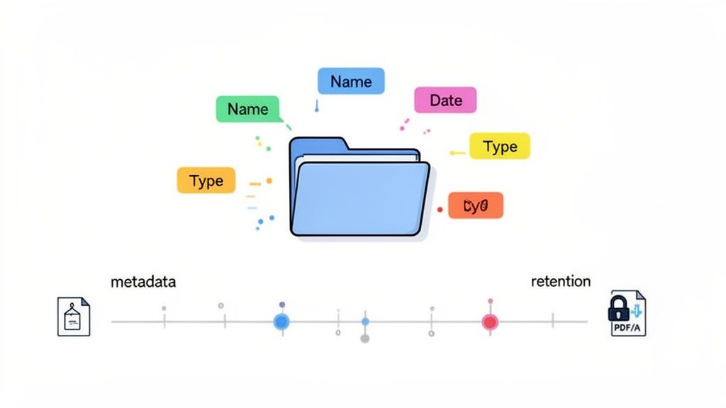 An illustration of a document folder with metadata tags (Name, Date, Type) and a timeline showing metadata to retention.