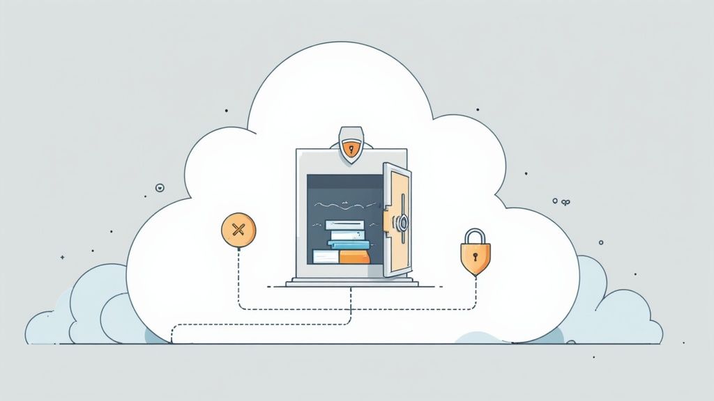 An open safe with documents inside a cloud, connected to a red X and a padlock, symbolizing secure cloud storage and data protection.
