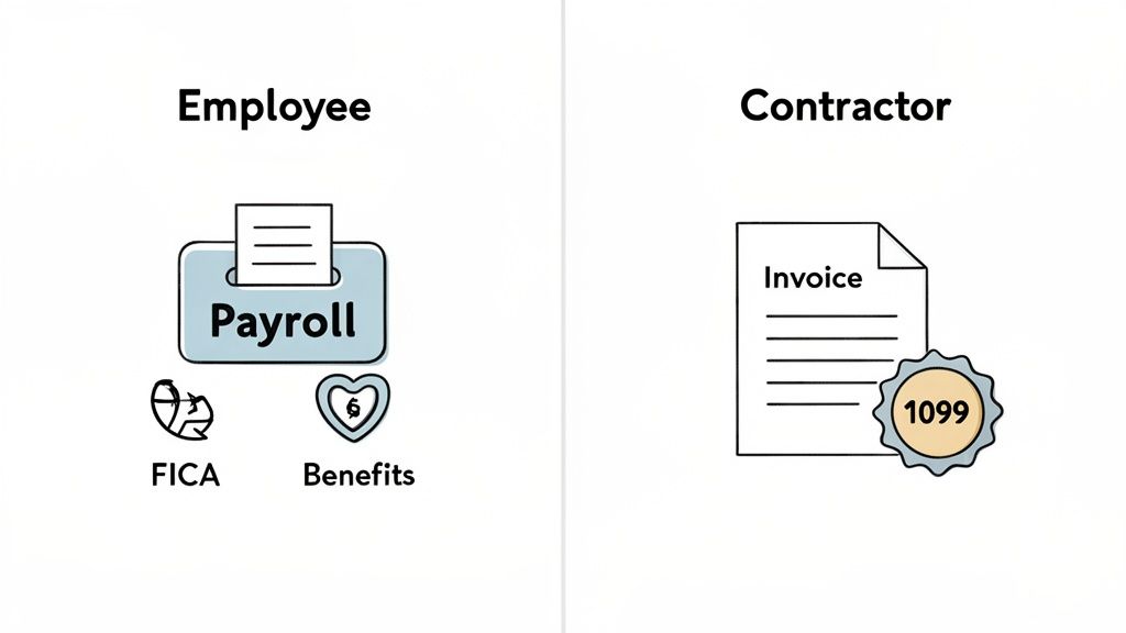 Illustration comparing employee payroll, FICA, and benefits with contractor invoices and 1099 tax forms.