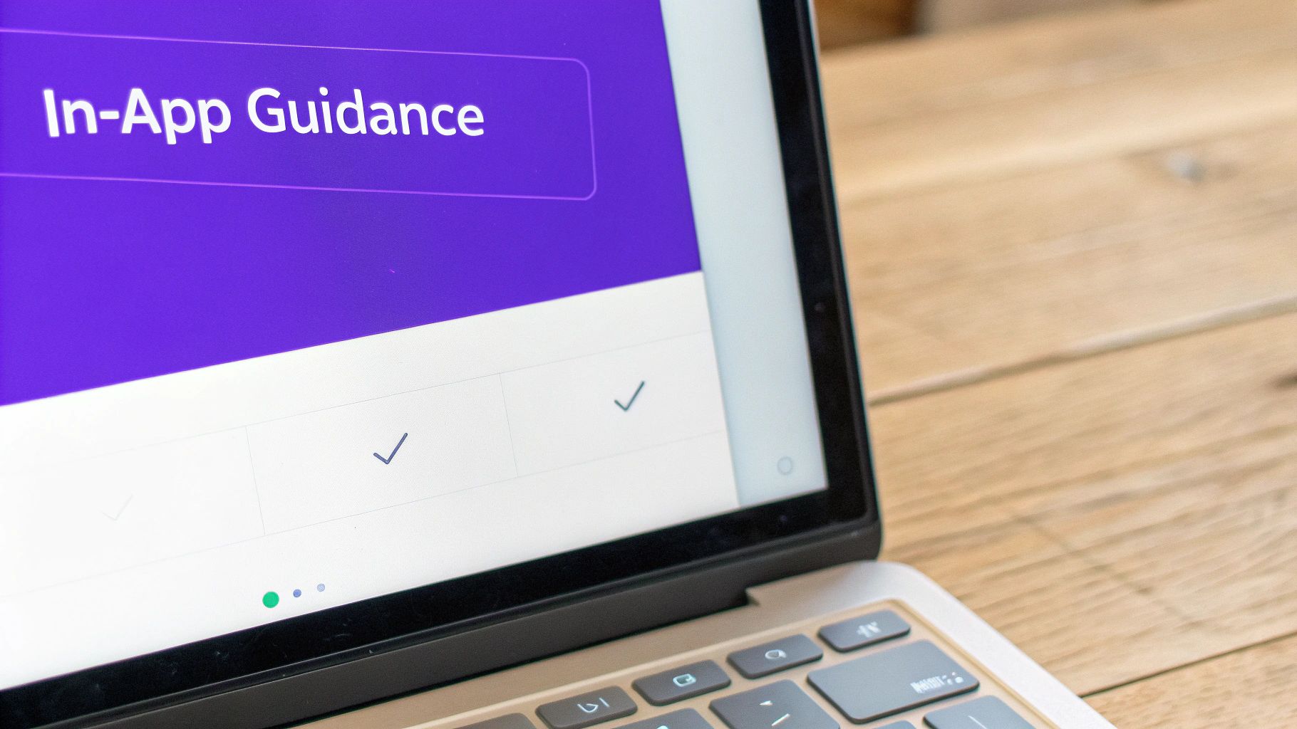 Close-up of a laptop screen displaying 'In-App Guidance' in a purple banner with progress checkmarks.