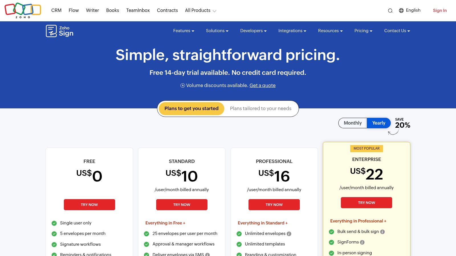 Zoho Sign offers multiple pricing tiers, making it a flexible and affordable DocuSign alternative.