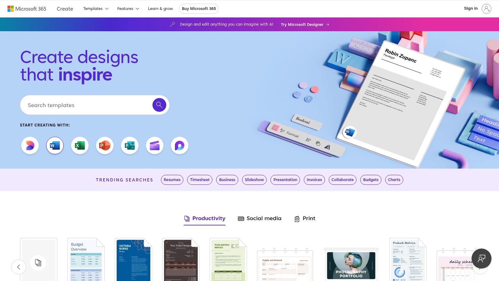 Microsoft Create (Microsoft 365 templates)