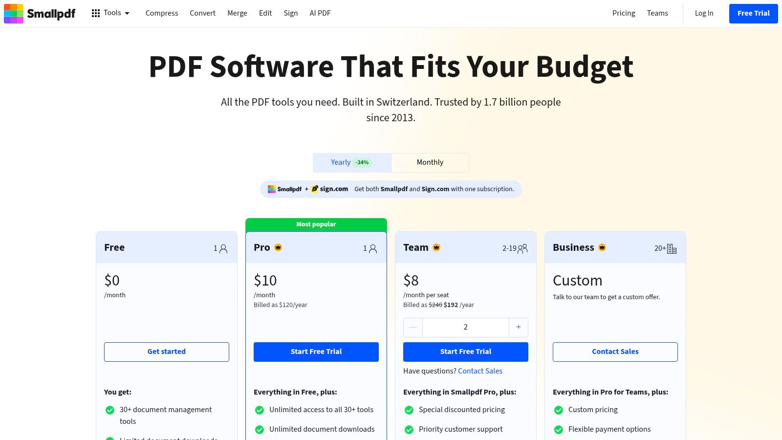 Smallpdf offers bundled pricing that includes its full PDF suite and eSigning capabilities.
