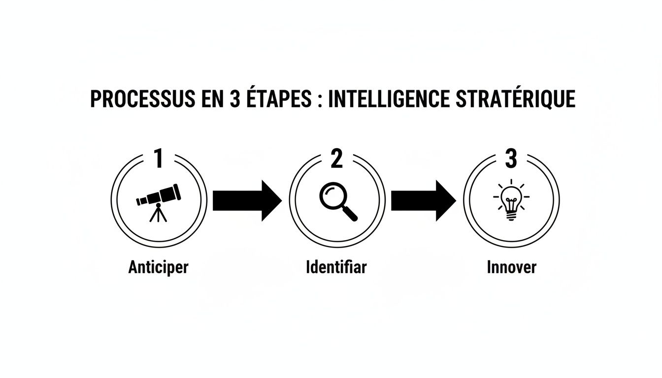 Infographie montrant un processus d'intelligence stratégique en 3 étapes : anticiper, identifier, innover.