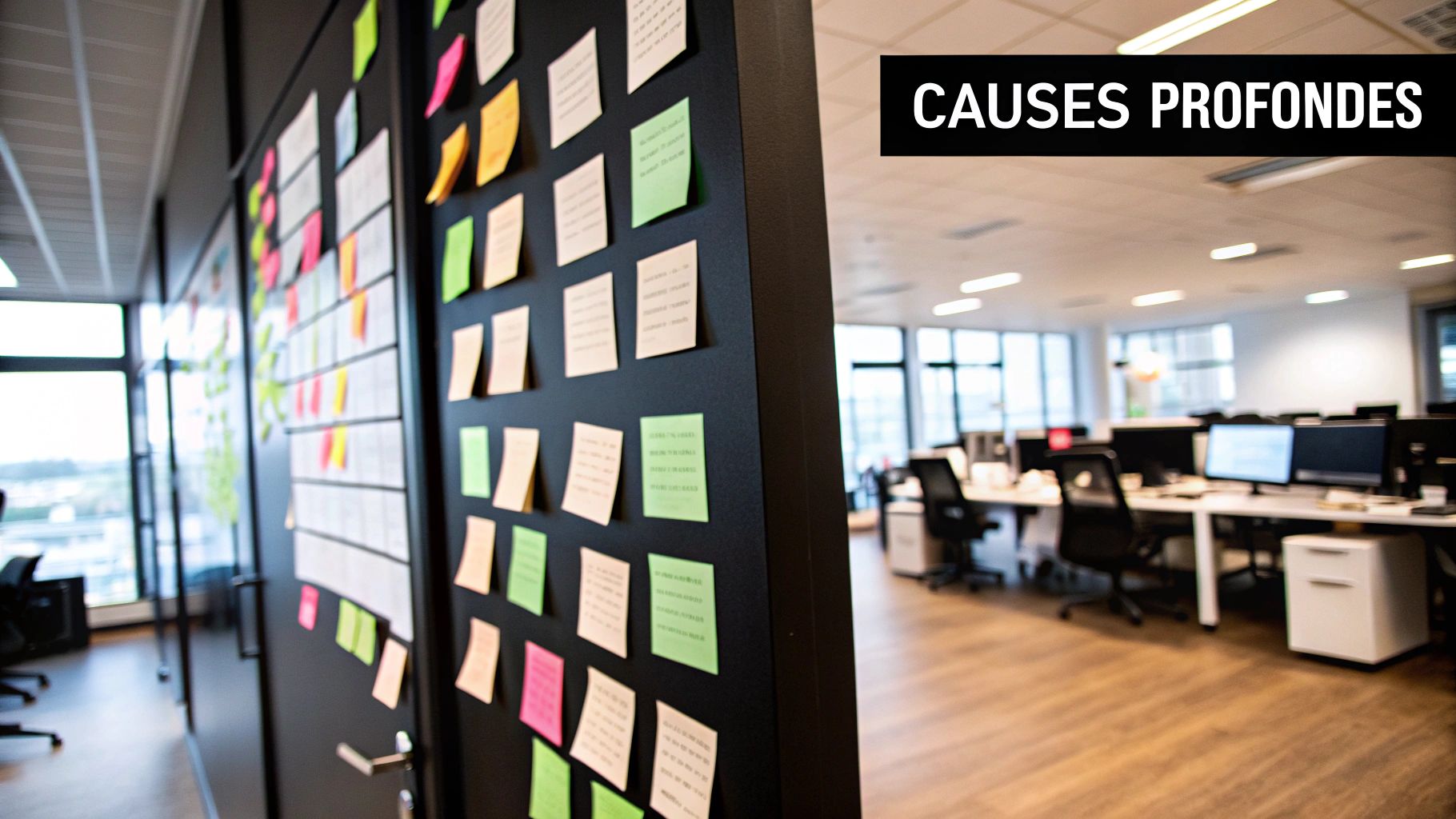 Un mur d'idées avec des post-it colorés et des bureaux modernes dans un environnement de travail collaboratif, avec le texte 'CAUSES PROFONDES'.