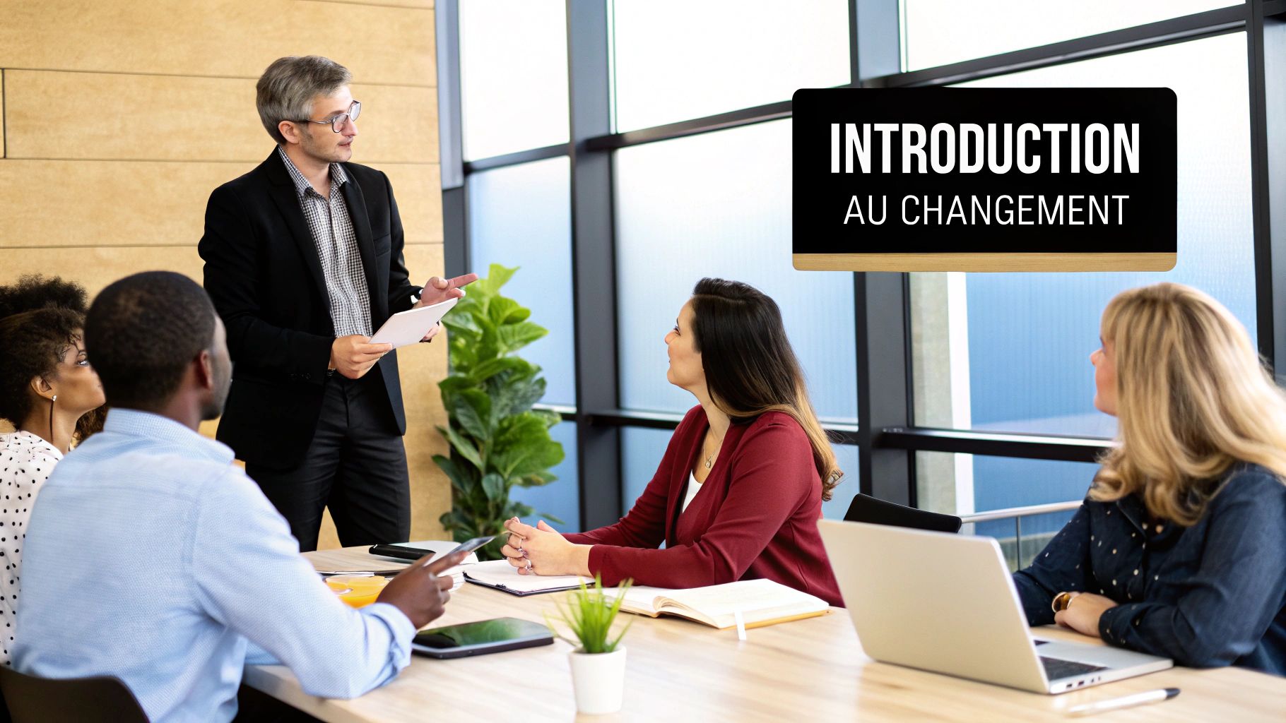 Une équipe collabore sur une nouvelle stratégie, symbolisant une gestion du changement en entreprise réussie