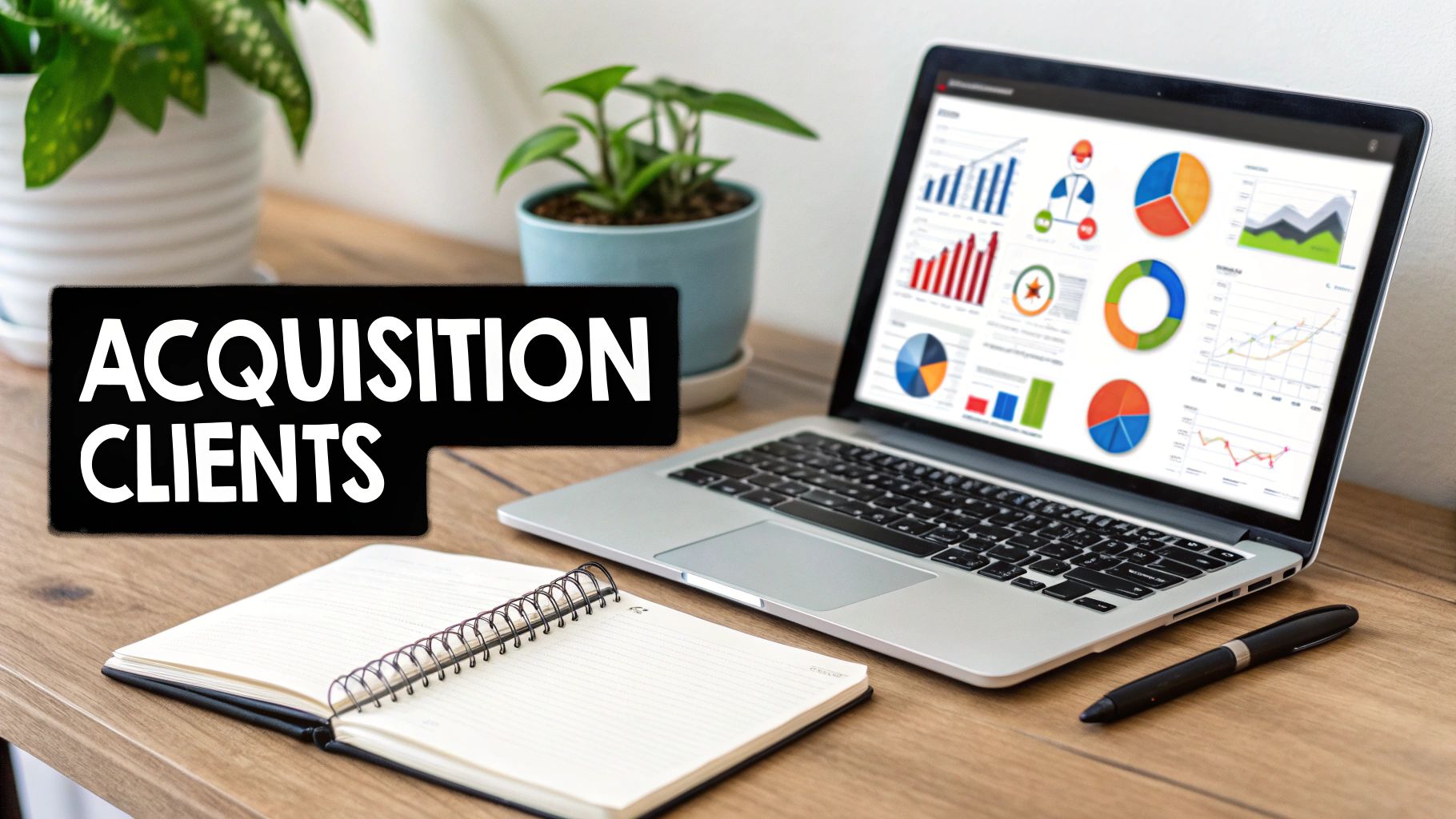 Ordinateur portable affichant des graphiques de données, un carnet, un stylo et une pancarte noire avec 'ACQUISITION CLIENTS' sur un bureau en bois.