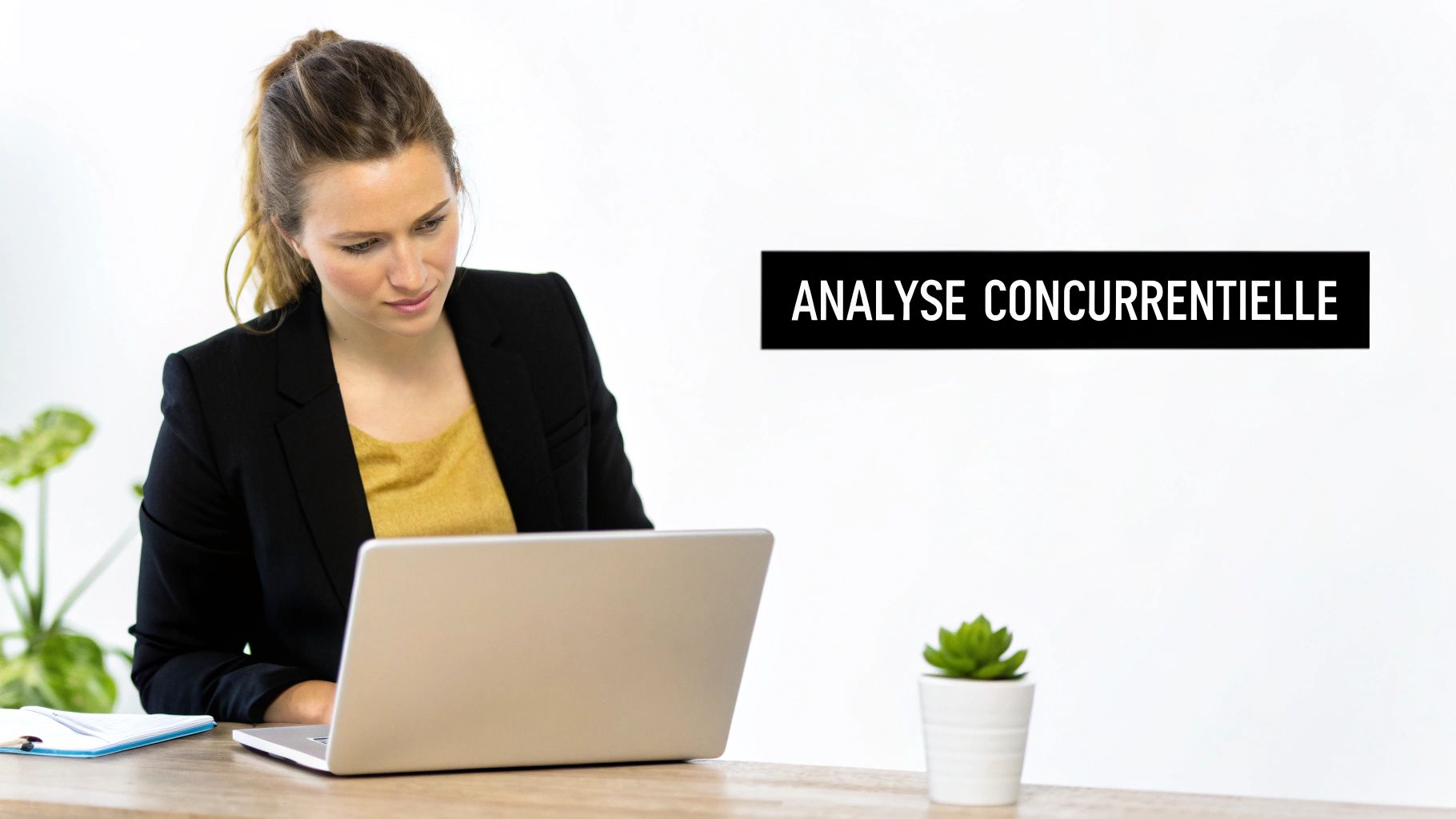 Femme professionnelle concentrée travaillant sur un ordinateur portable, avec le texte "ANALYSE CONCURRENTIELLE" visible en arrière-plan.