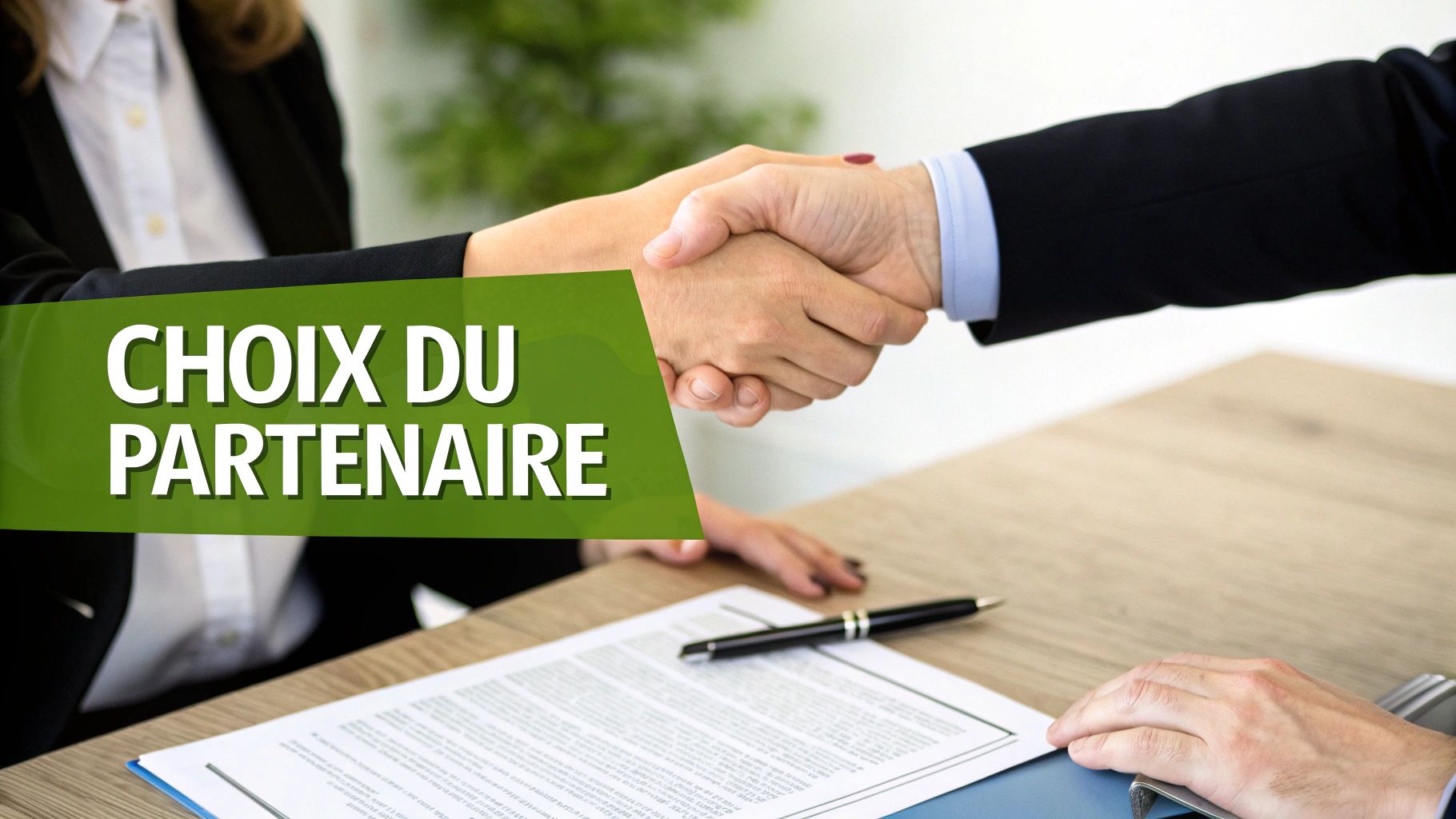Deux personnes se serrent la main sur un bureau, avec un document et un stylo. Le texte indique "CHOIX DU PARTENAIRE".