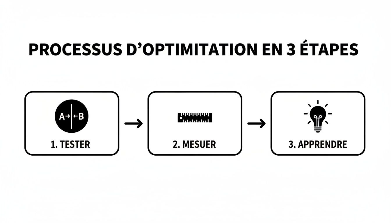 Infographie du processus d'optimisation en 3 étapes: tester, mesurer et apprendre, illustré par des icônes.