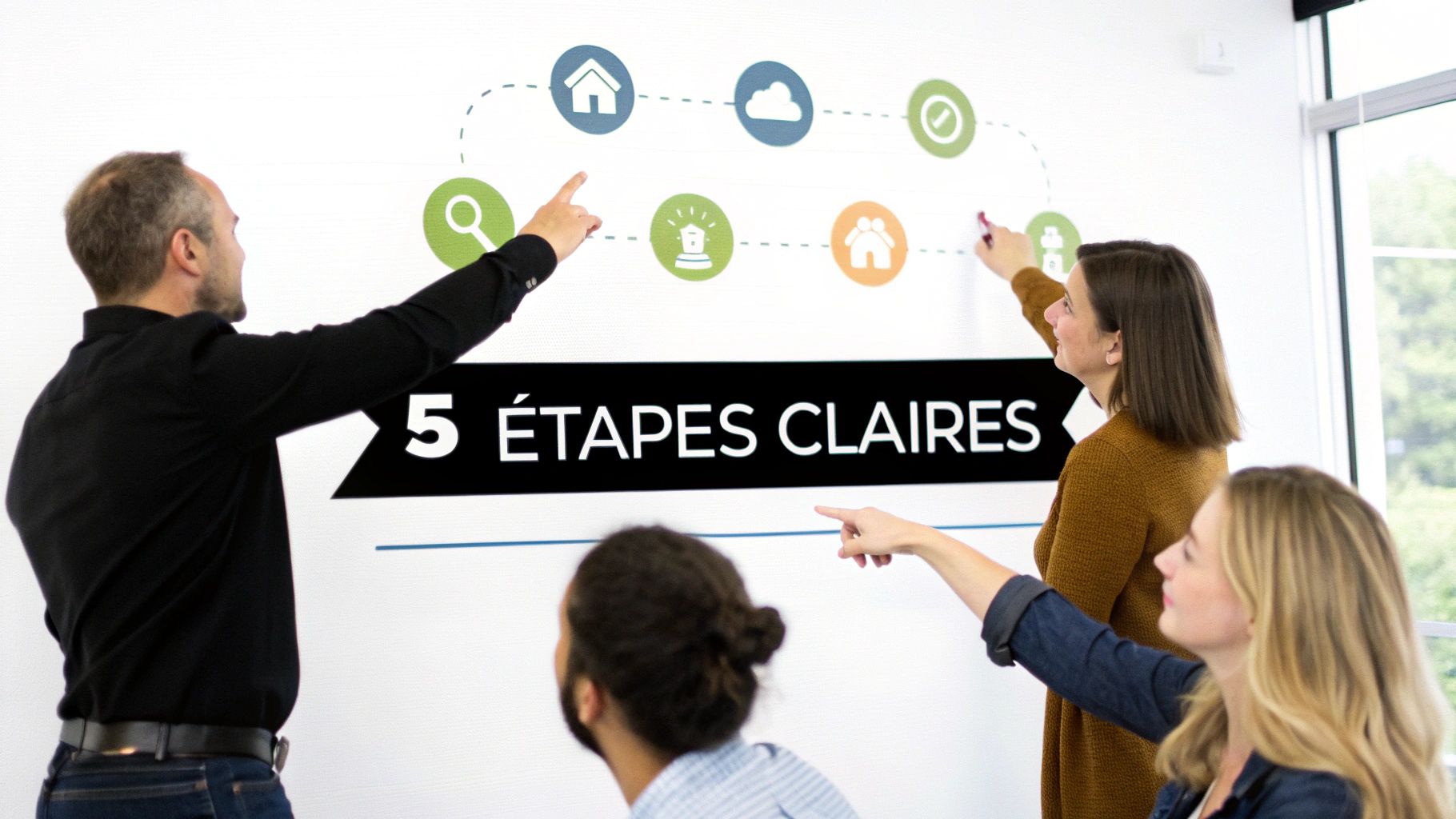 Quatre collègues interagissent avec un tableau blanc présentant les '5 Étapes Claires' d'un processus illustré par des icônes.