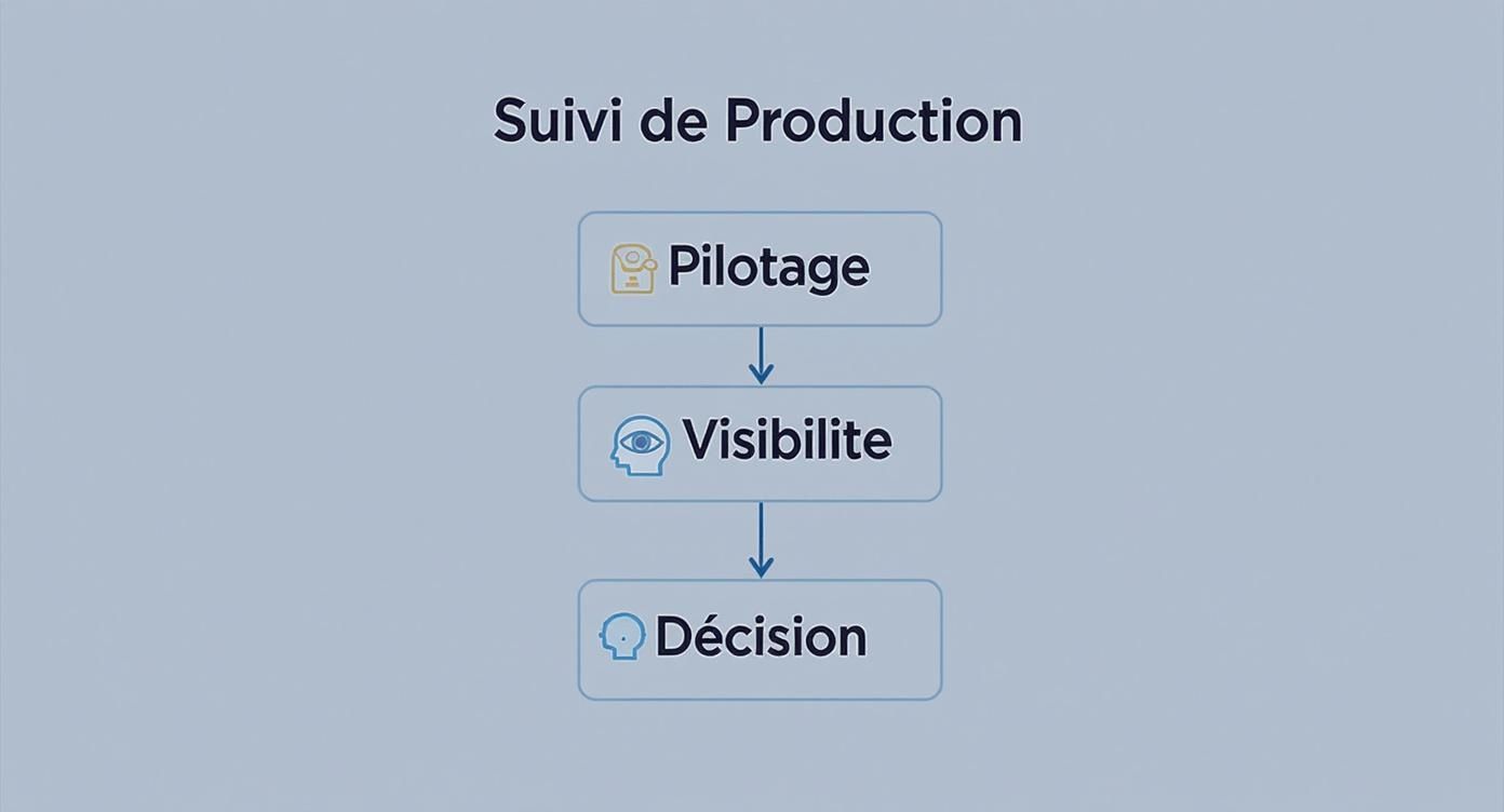 Diagramme de flux pour le Suivi de Production, détaillant les étapes clés : Pilotage, Visibilité et Décision.
