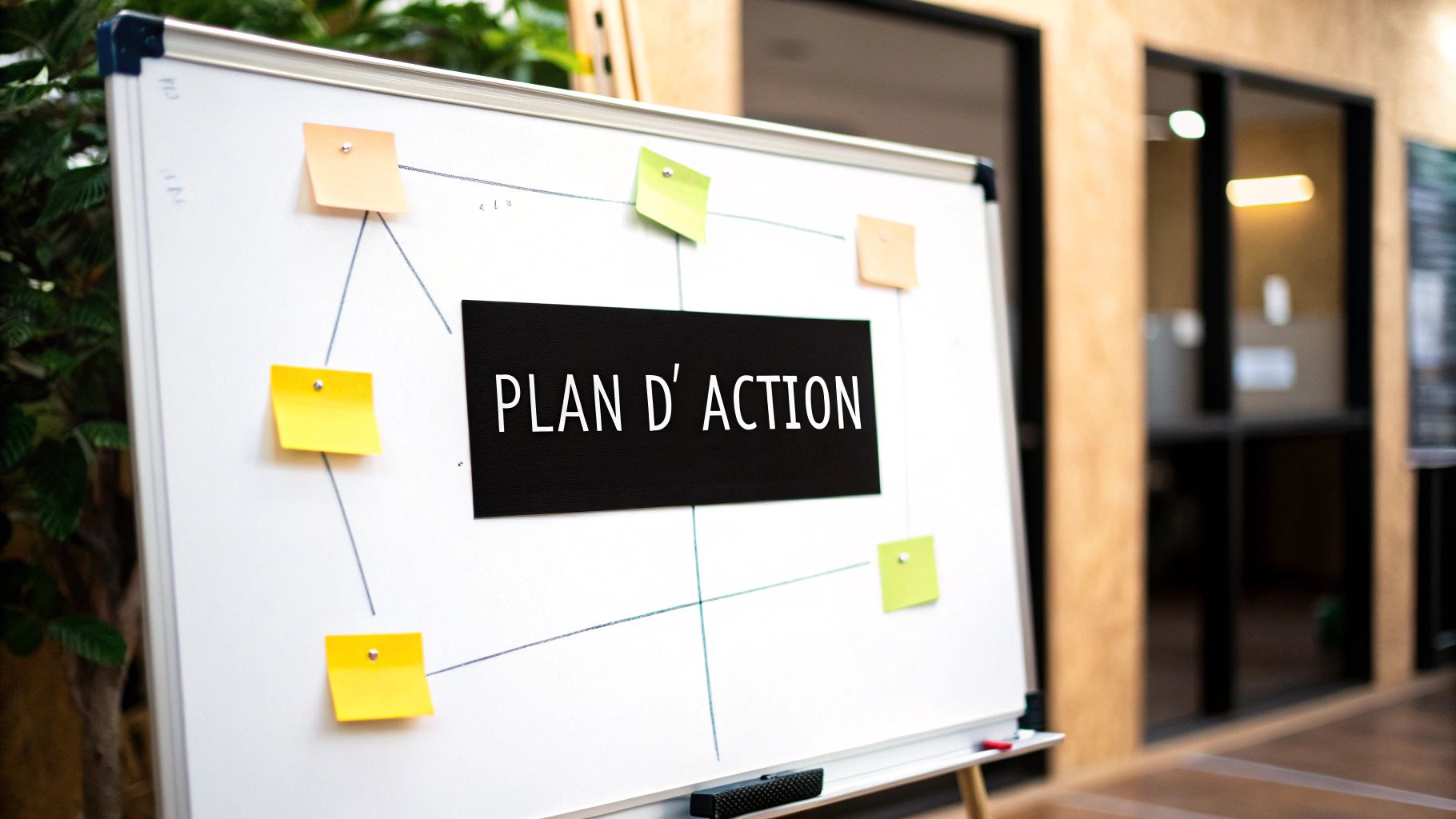 Tableau blanc affichant un plan d'action avec des notes adhésives colorées et des liens.