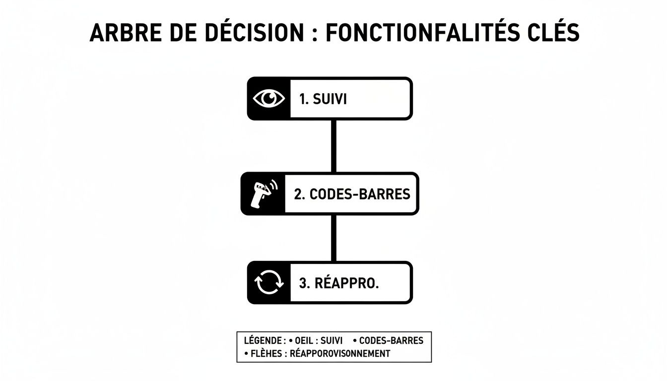 Arbre de décision présentant trois fonctionnalités clés pour la gestion de stock : suivi, codes-barres et réapprovisionnement.