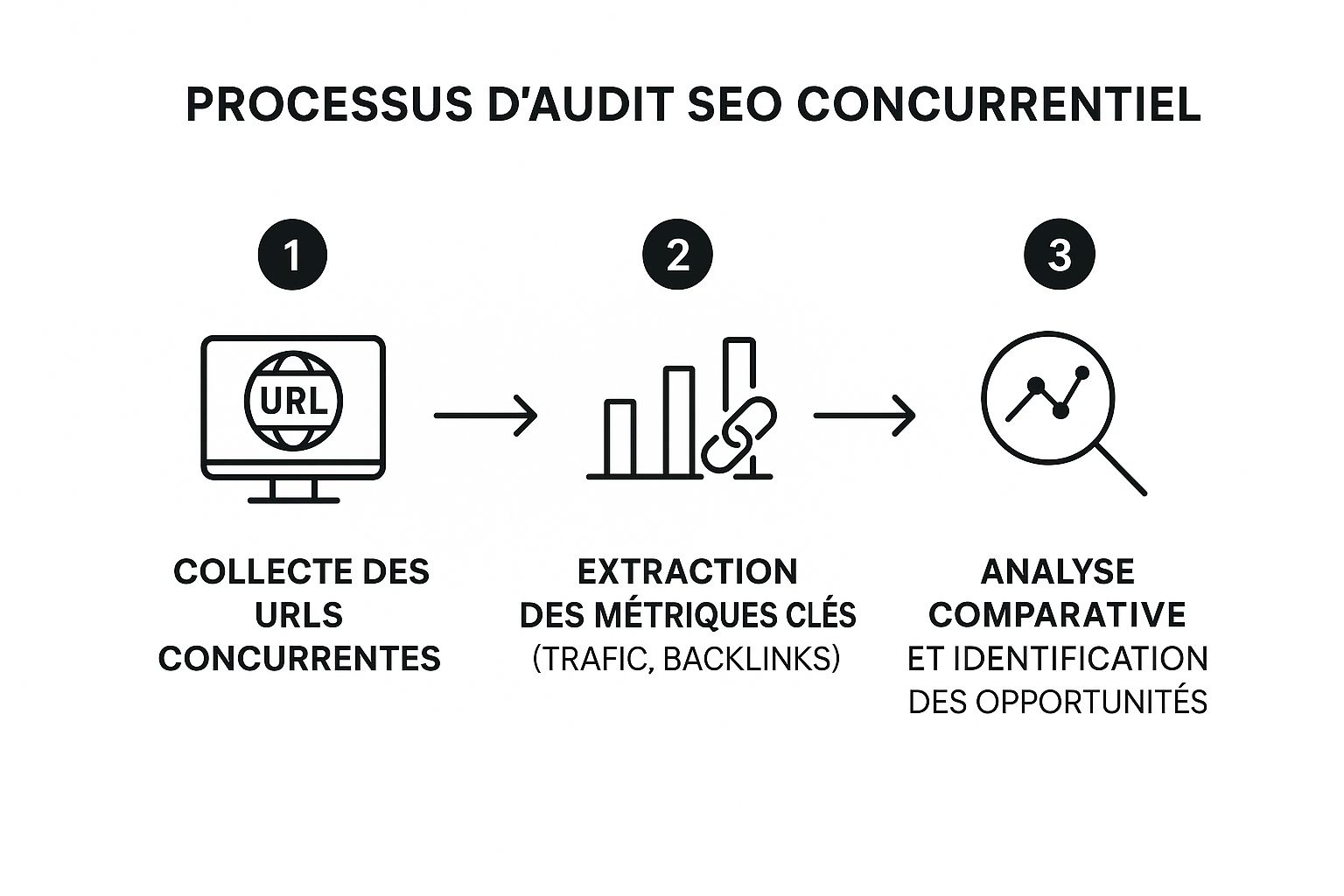 Infographie montrant le processus d'analyse concurrentielle en 3 étapes : collecte, extraction des métriques, et analyse comparative.
