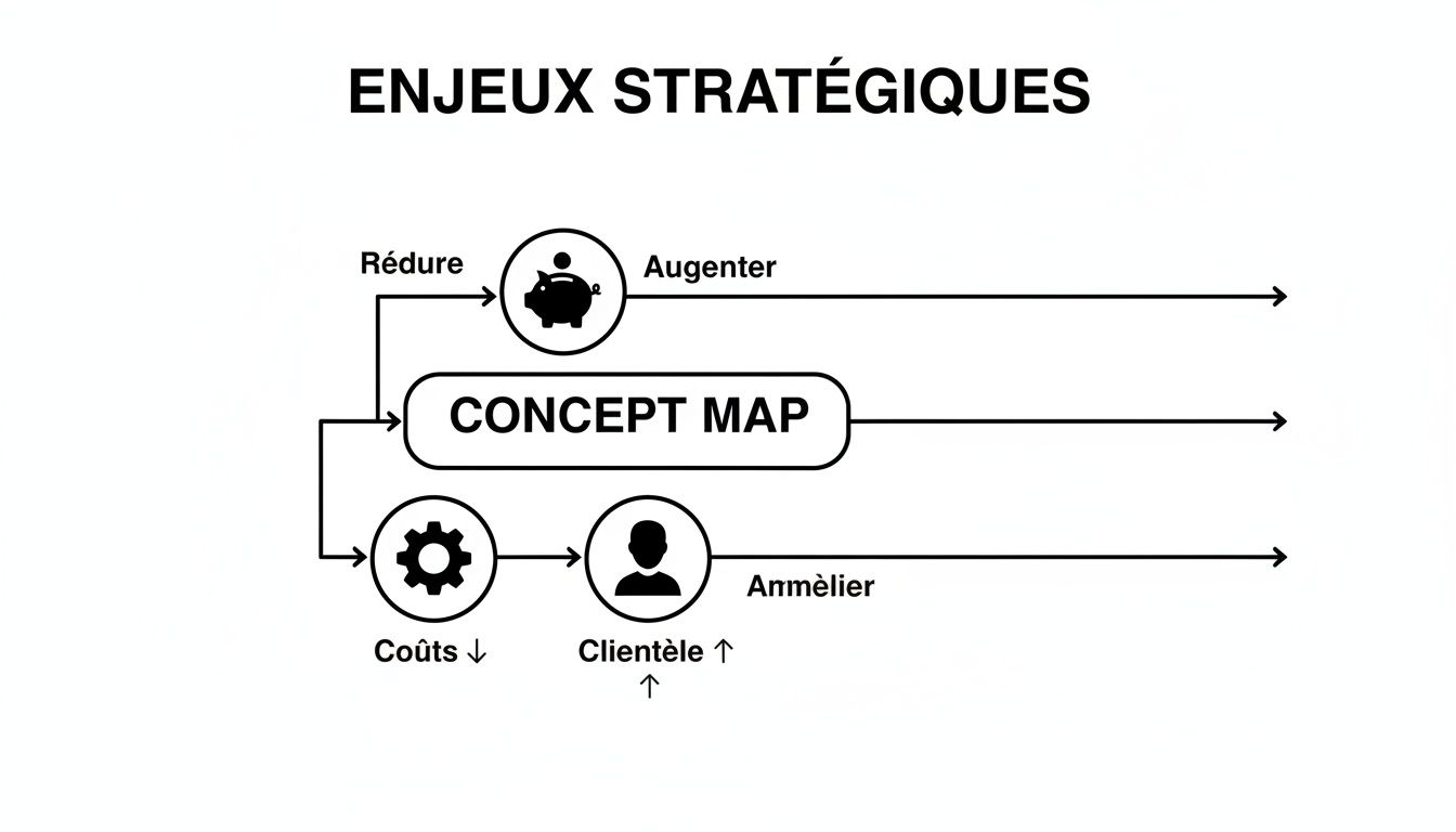 Diagramme d'enjeux stratégiques montrant une carte conceptuelle impactant la réduction des coûts et l'augmentation de la clientèle, ainsi que la gestion financière.