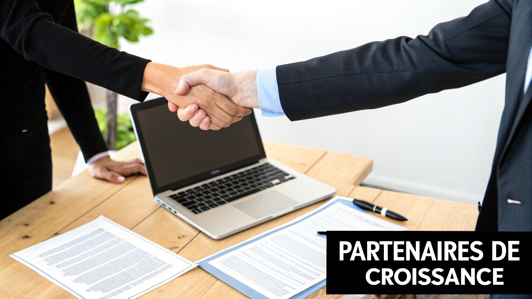 Poignée de main entre deux partenaires d'affaires sur une table avec documents et ordinateur portable, pour la croissance.