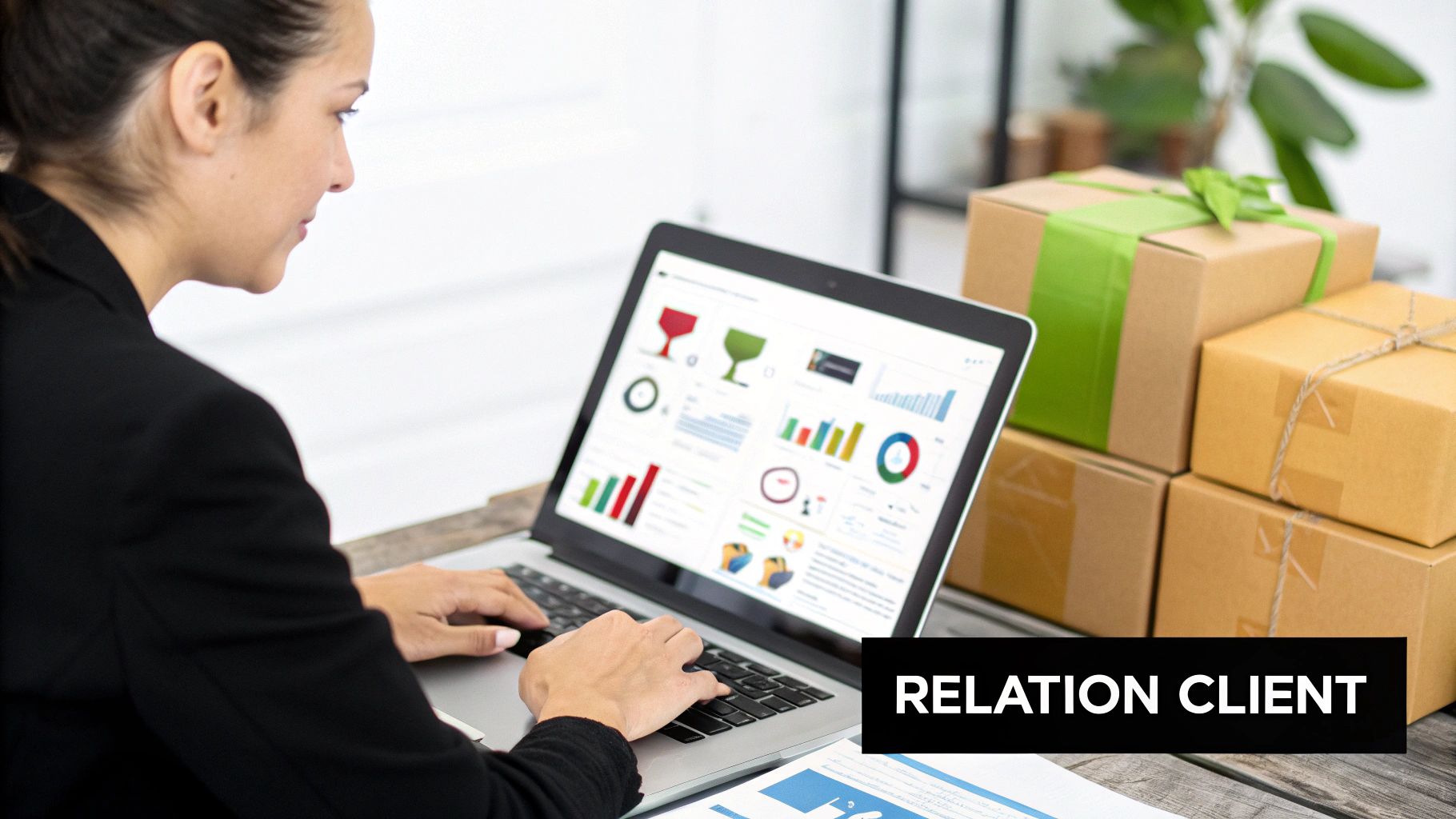 Une femme analyse des données sur un ordinateur portable, avec des graphiques et des colis à proximité, évoquant la relation client.