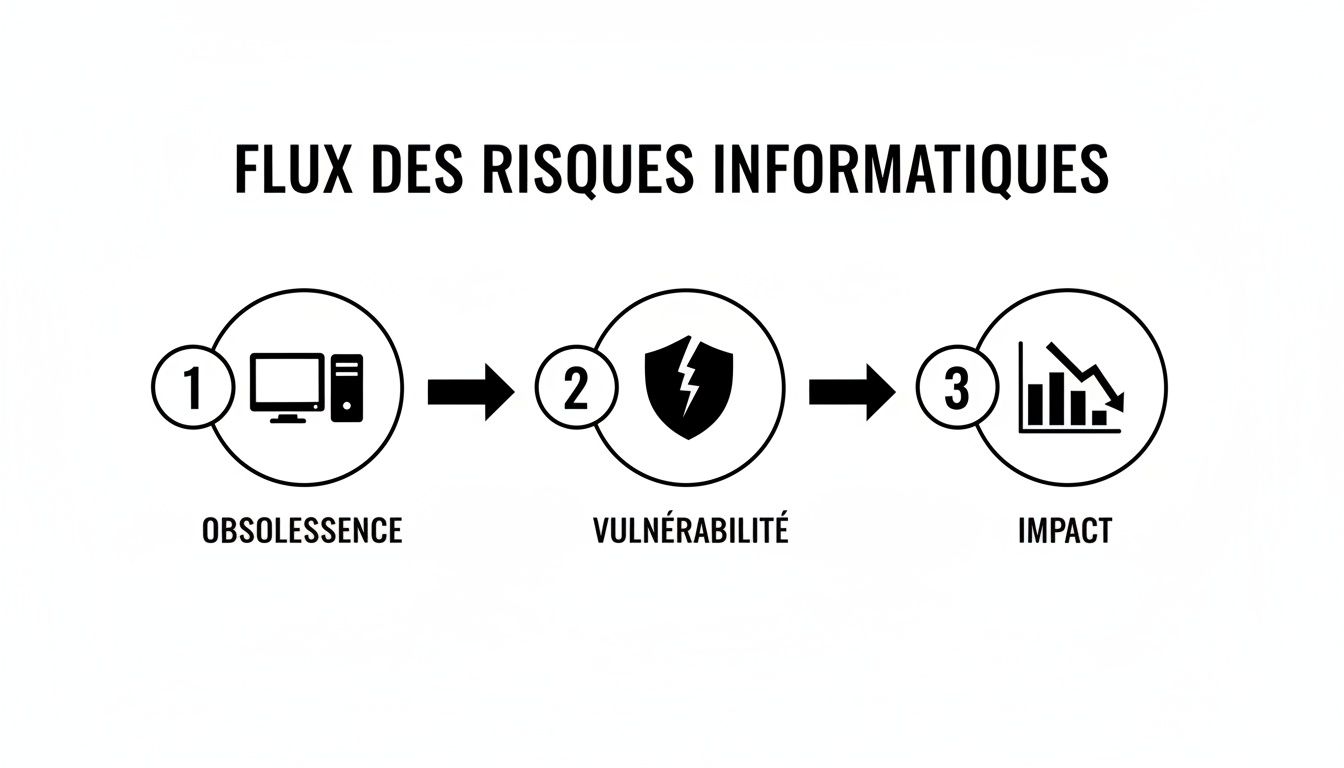 Diagramme illustrant le flux des risques informatiques : de l'obsolescence du matériel à la vulnérabilité et à l'impact négatif.