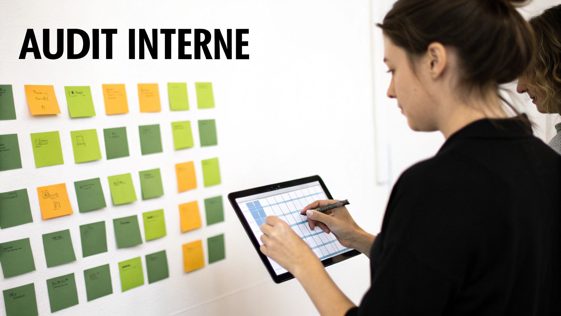 Personne utilisant une tablette numérique devant un mur avec des post-it colorés et le texte « AUDIT INTERNE ».