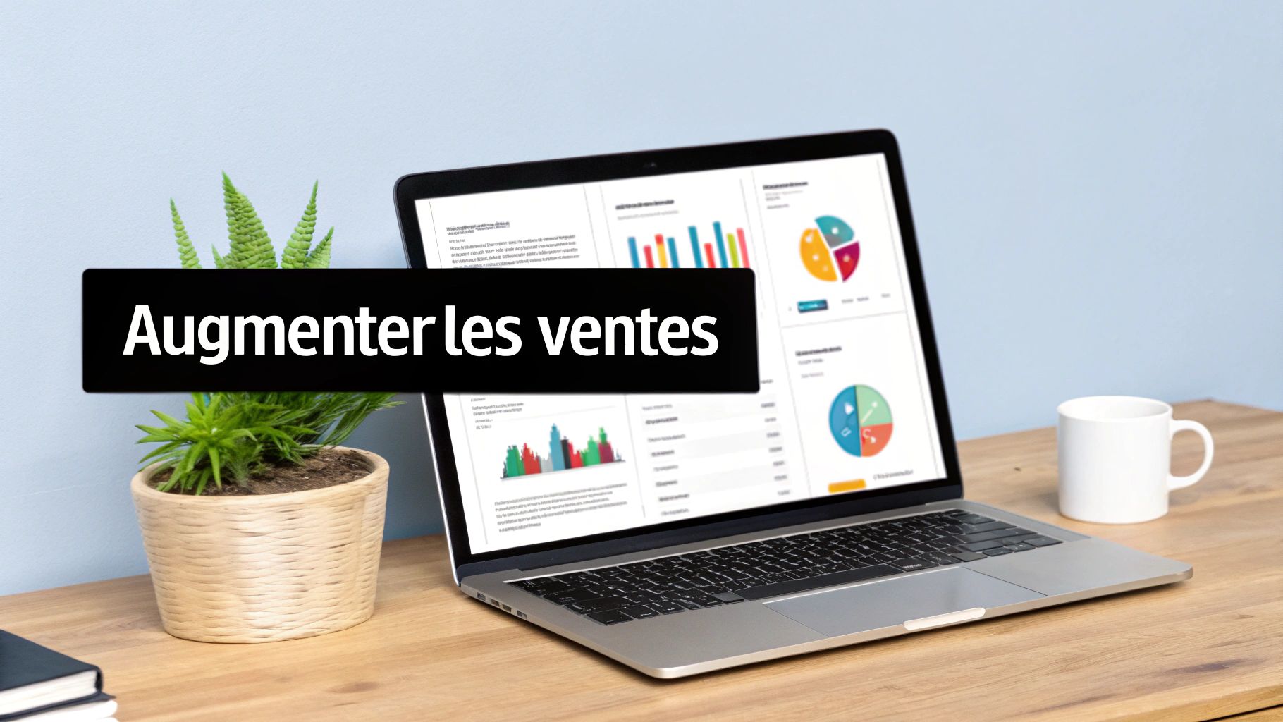 Un ordinateur portable sur un bureau en bois affiche des graphiques de ventes avec une plante, une tasse et le texte "Augmenter les ventes".