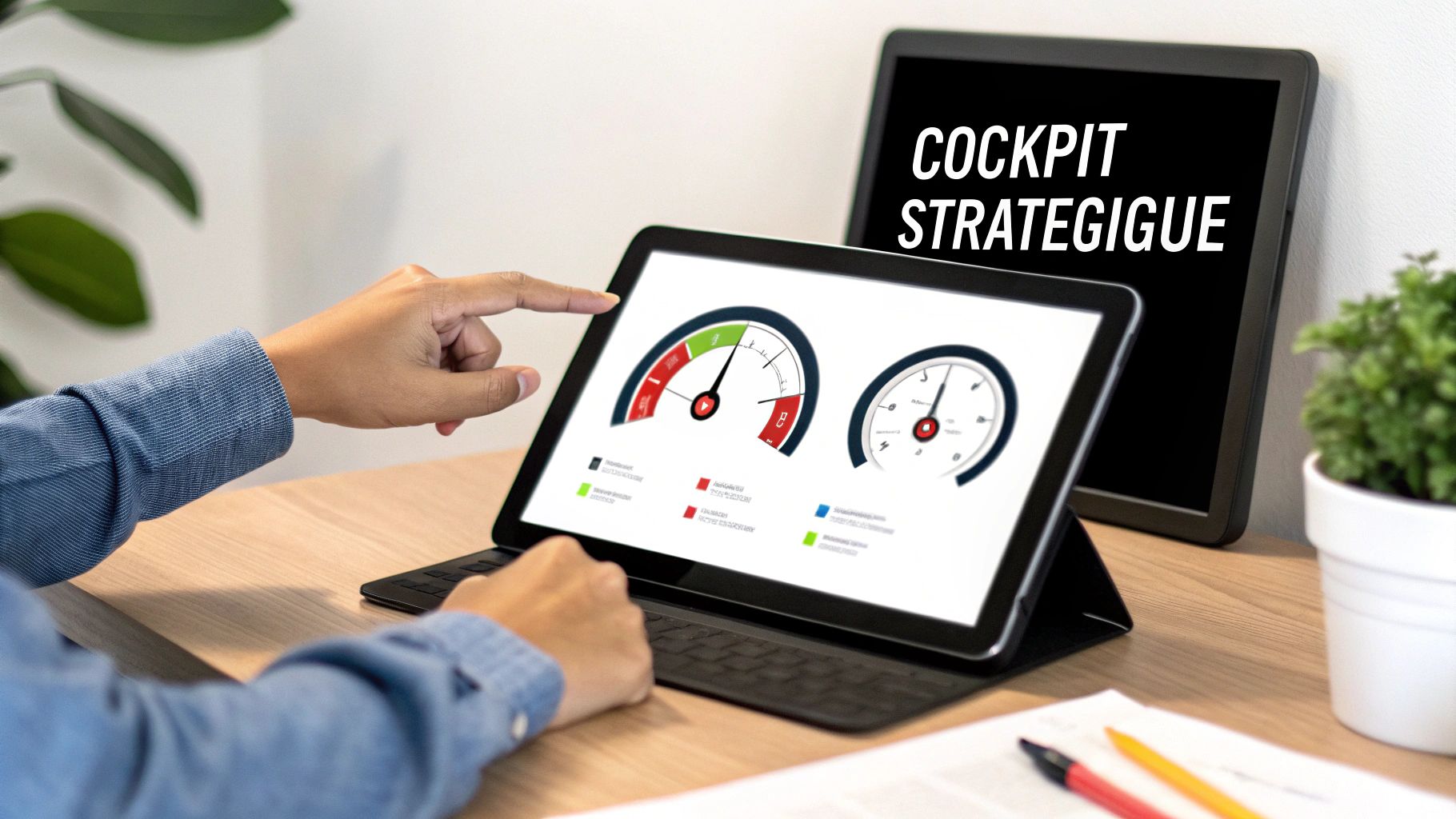 Une main pointe un tableau de bord numérique sur une tablette, avec un écran stratégique en arrière-plan.