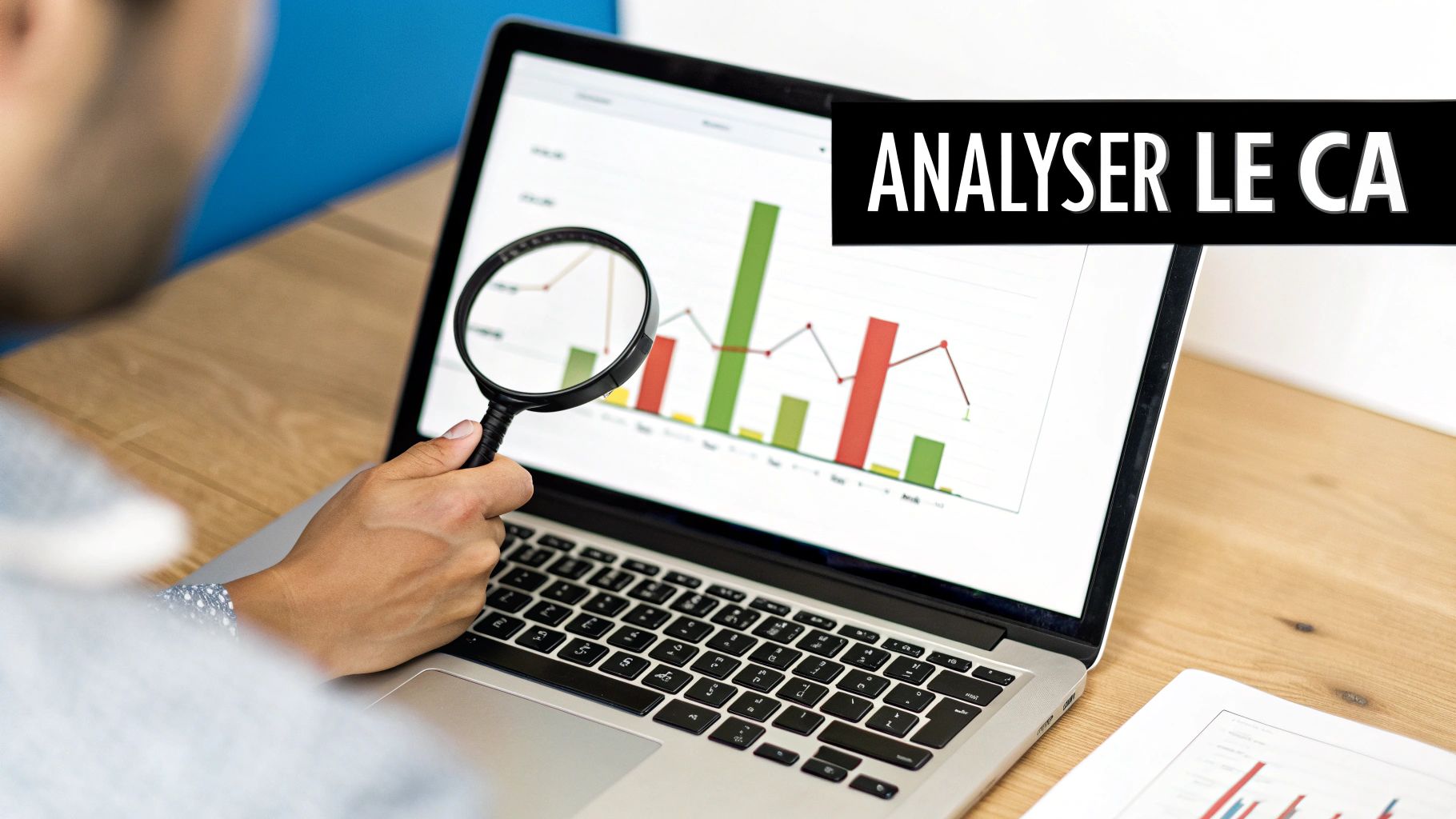 Un professionnel examine des graphiques de performance sur un ordinateur portable, utilisant une loupe pour analyser le chiffre d'affaires.