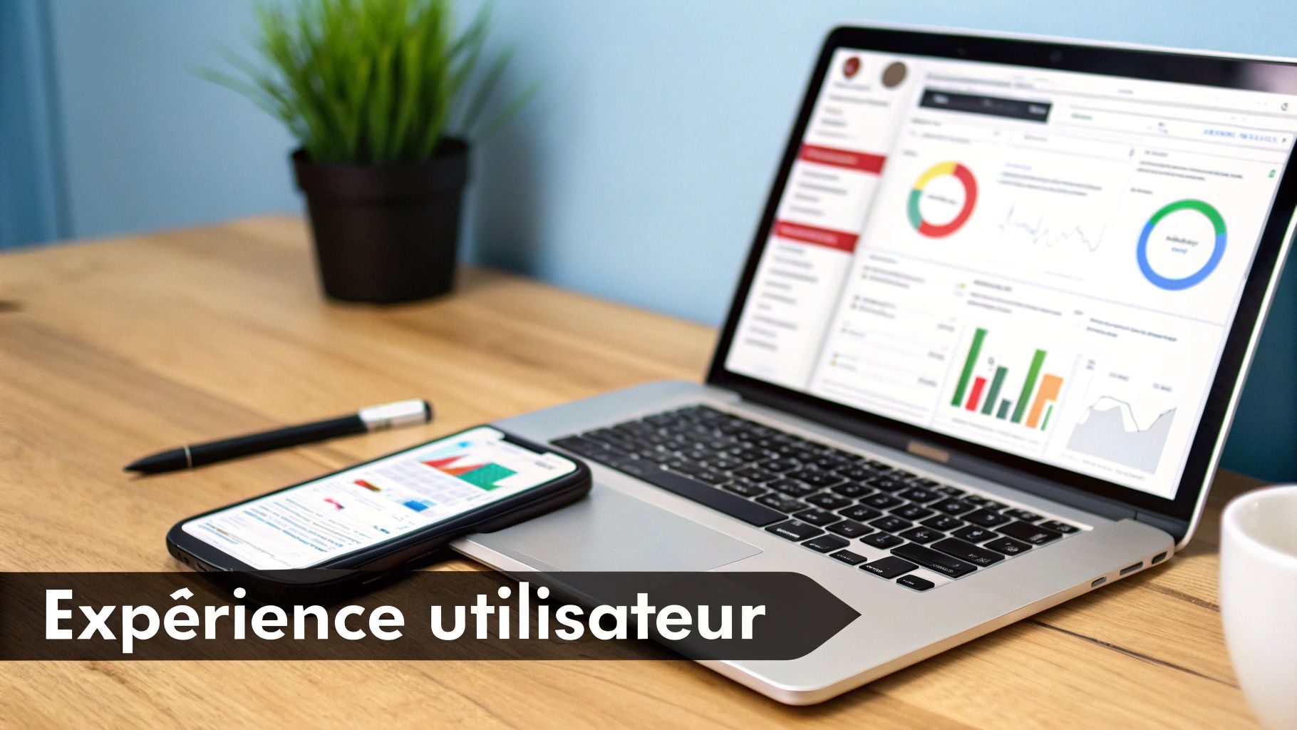 Ordinateur portable et smartphone affichant des données et des graphiques, illustrant l'expérience utilisateur sur un bureau en bois.