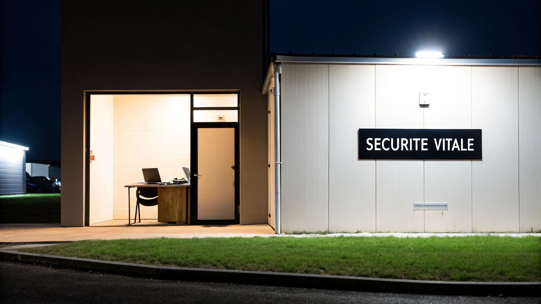 Un poste de sécurité éclairé la nuit avec un panneau 'SECURITE VITALE', des ordinateurs portables sur un bureau, et un environnement professionnel extérieur.